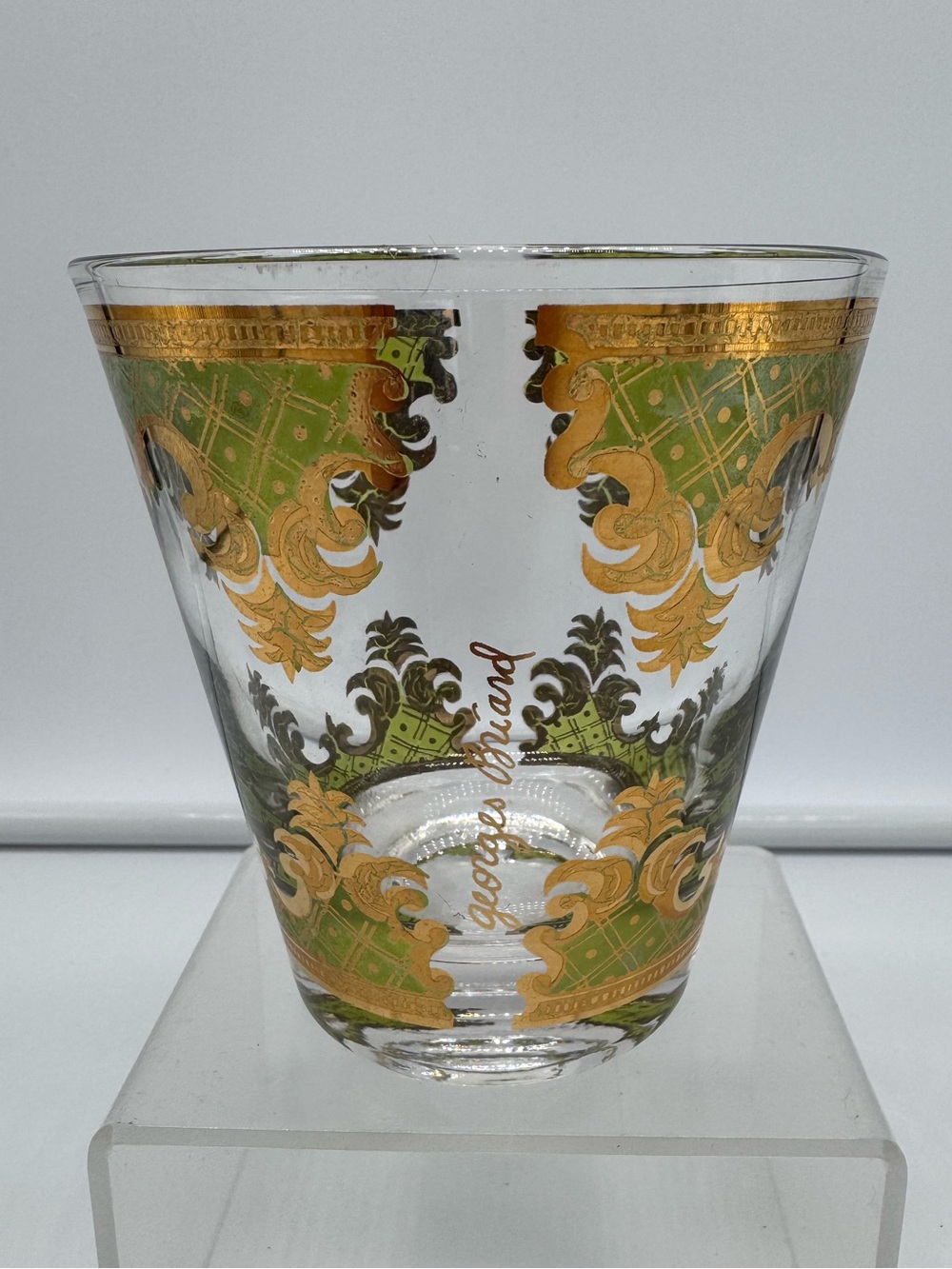 Vintage Georges Briard Carrara Green Gold Lowball Cocktail Glass MCM